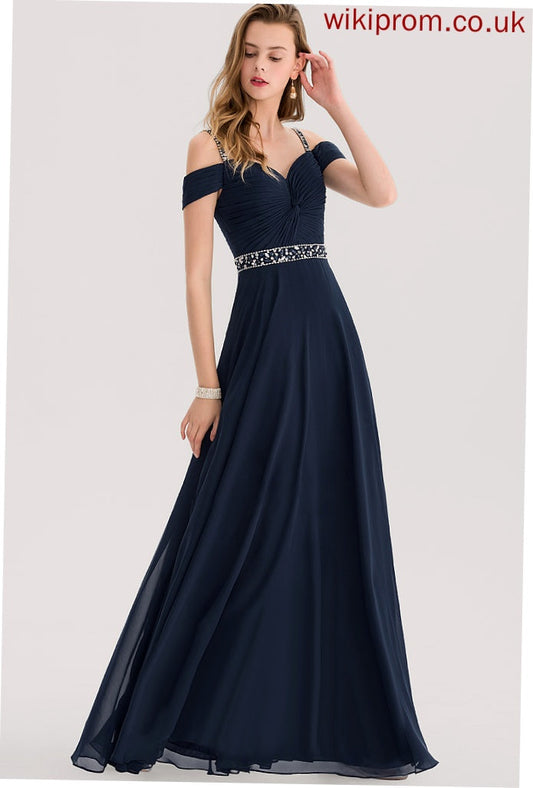 Haylee With Chiffon V-neck Sequins Pleated Cold Beading Floor-Length A-Line Prom Dresses Shoulder