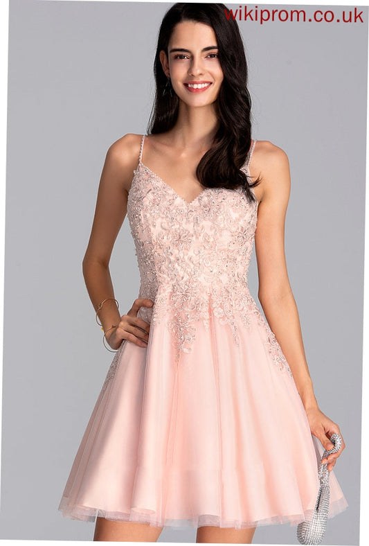 Dress With A-Line Homecoming Simone V-neck Beading Homecoming Dresses Lace Short/Mini Tulle