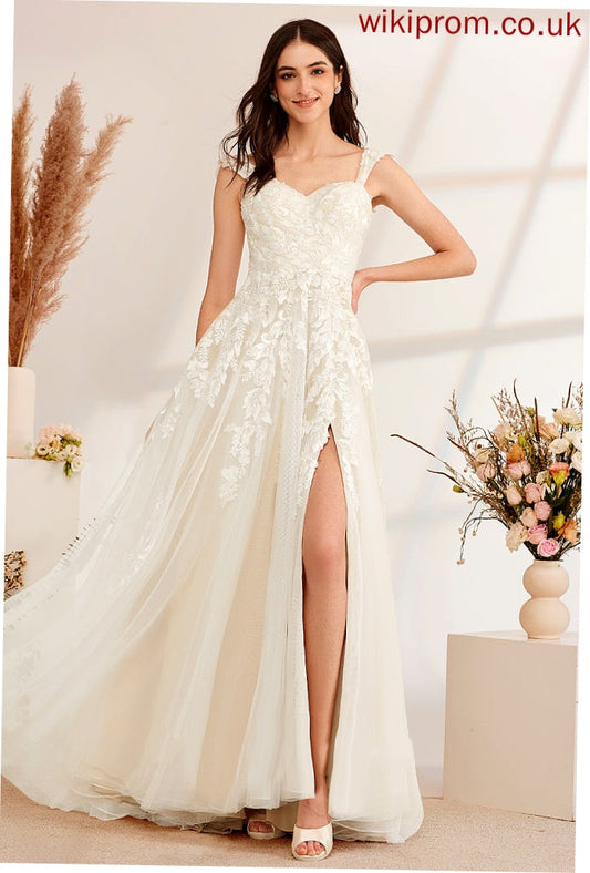 Wedding Sweep With A-Line Dress Tulle Beading Wedding Dresses Train Off-the-Shoulder Sequins Lace Cailyn