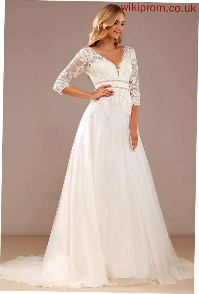 Sequins Ball-Gown/Princess Wedding Lace Dress With Lace Tulle Maureen V-neck Beading Court Train Wedding Dresses