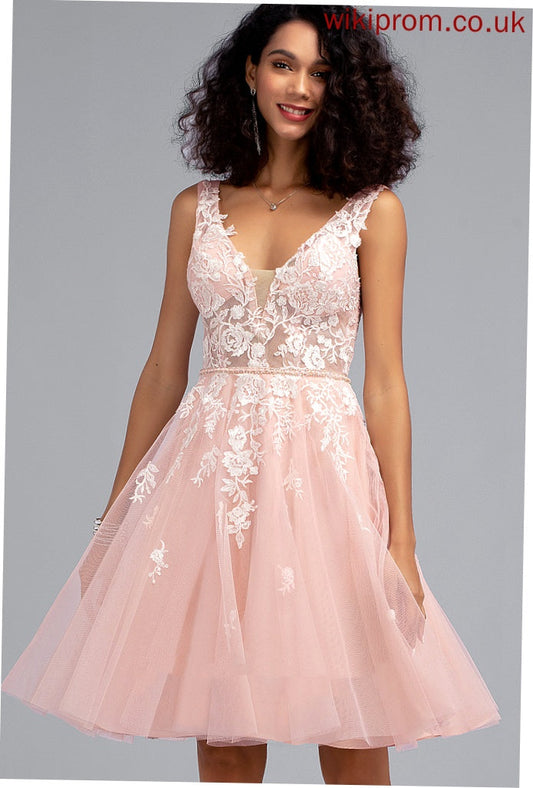 Knee-Length Mavis A-Line With Sequins Homecoming Dresses Homecoming Dress Tulle Beading Lace V-neck