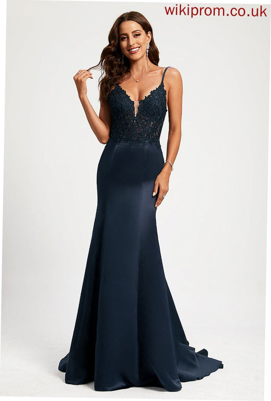 Prom Dresses With Lace Sequins Train V-neck Trumpet/Mermaid Sweep Precious Satin