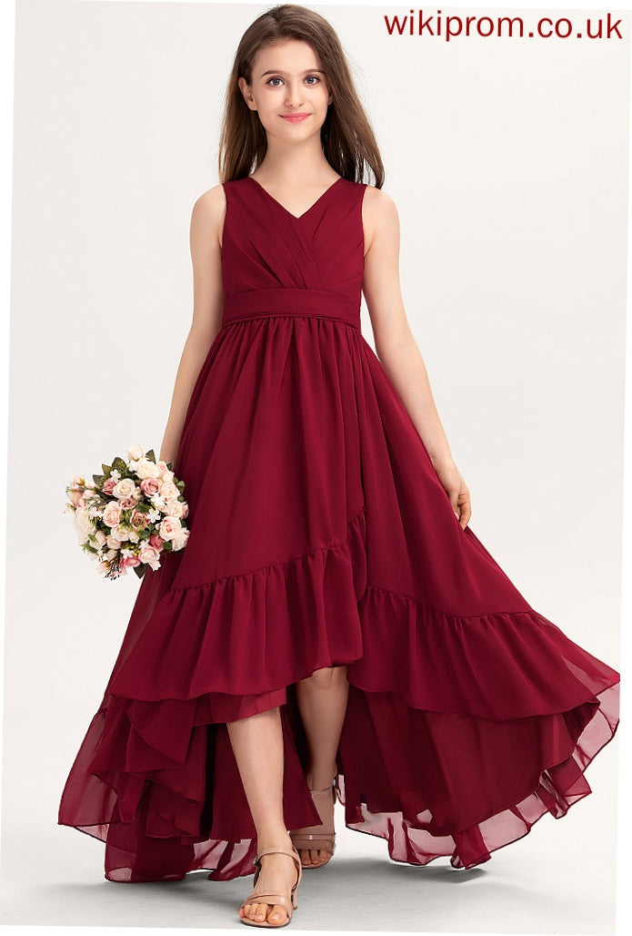 Jenny Chiffon Bow(s) V-neck Junior Bridesmaid Dresses A-Line Ruffles Cascading Asymmetrical With