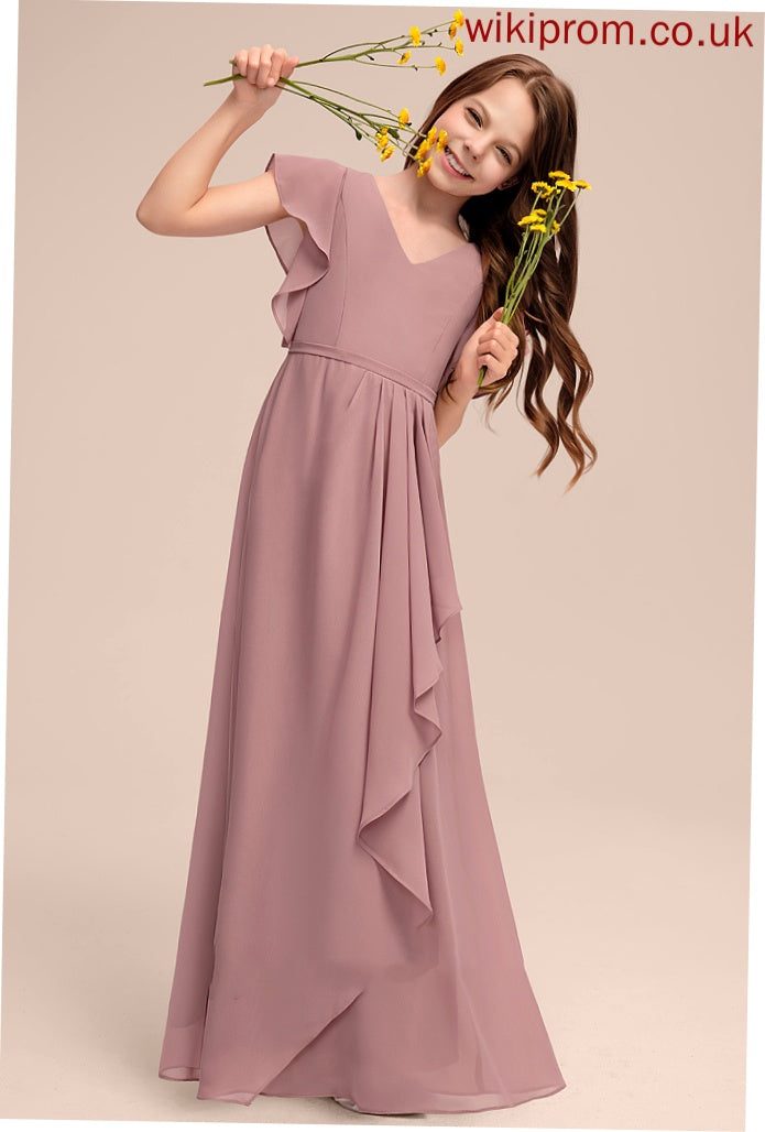 Cascading A-Line Chiffon V-neck Floor-Length Junior Bridesmaid Dresses With Mareli Ruffles