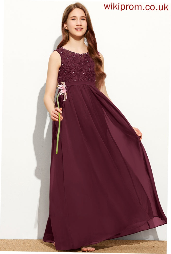 A-Line Sequins Leyla Lace Neck Chiffon Junior Bridesmaid Dresses With Floor-Length Scoop Beading