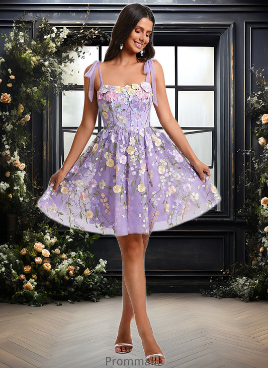 Crystal A-line Scoop Short Floral Lace Homecoming Dress With Bow 3D Floral DUP0025695