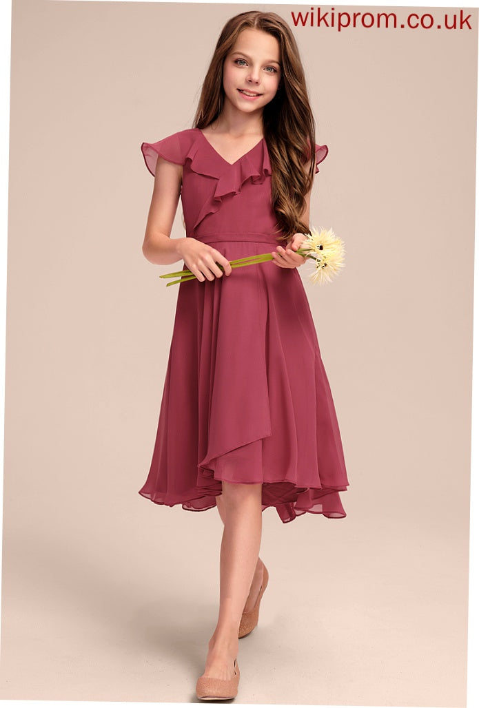 Ruffles With Josephine Cascading Junior Bridesmaid Dresses Chiffon A-Line V-neck Asymmetrical