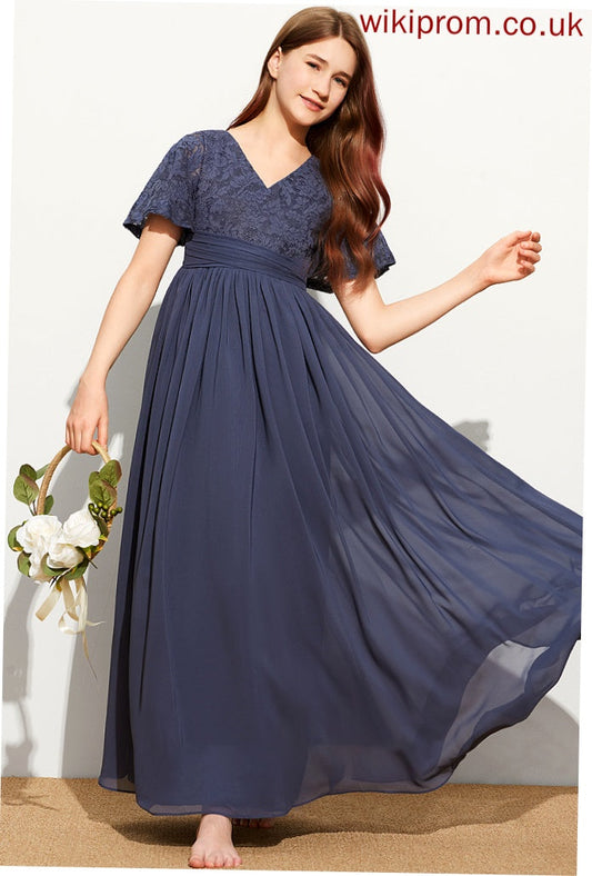 Chiffon Junior Bridesmaid Dresses A-Line With Bow(s) V-neck Floor-Length Marcie Lace