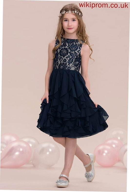 Scoop A-Line Ruffles Junior Bridesmaid Dresses Mikayla Neck Cascading With Knee-Length Chiffon