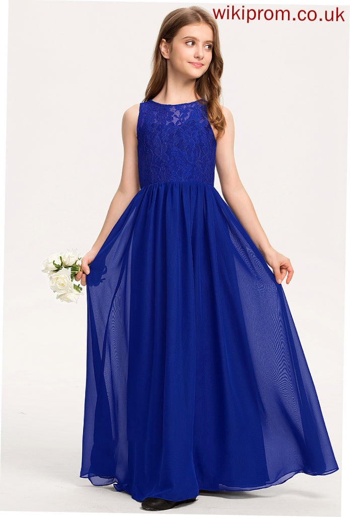 A-Line Scoop Neck Junior Bridesmaid Dresses Diya Floor-Length Lace Chiffon