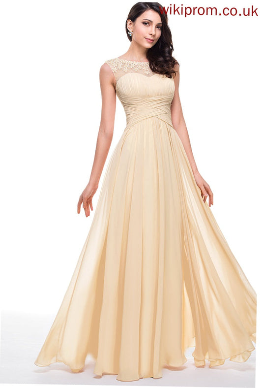 Tulle Floor-Length With Flower(s) Scoop Beading Ruffle Prom Dresses A-Line Chiffon Corinne