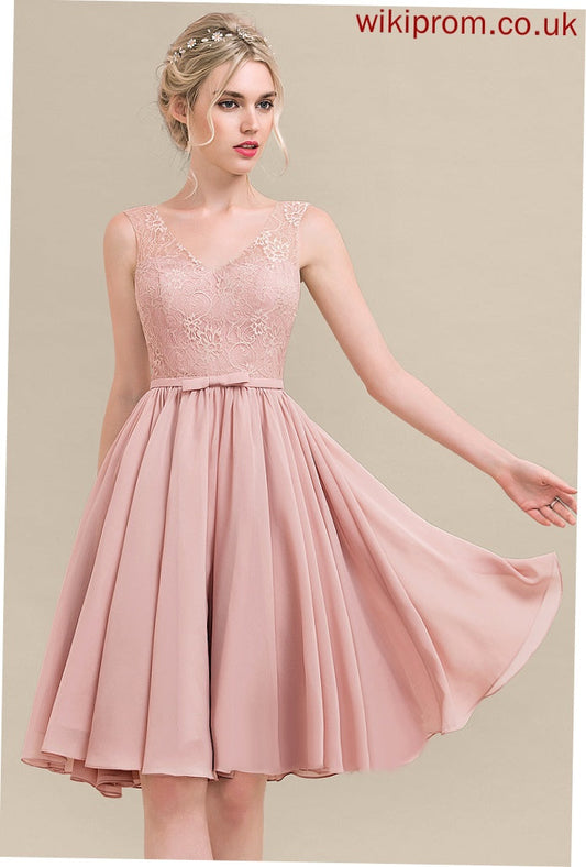 Lace Chiffon A-Line Yadira Homecoming Knee-Length Bow(s) Dress Lace V-neck Homecoming Dresses With