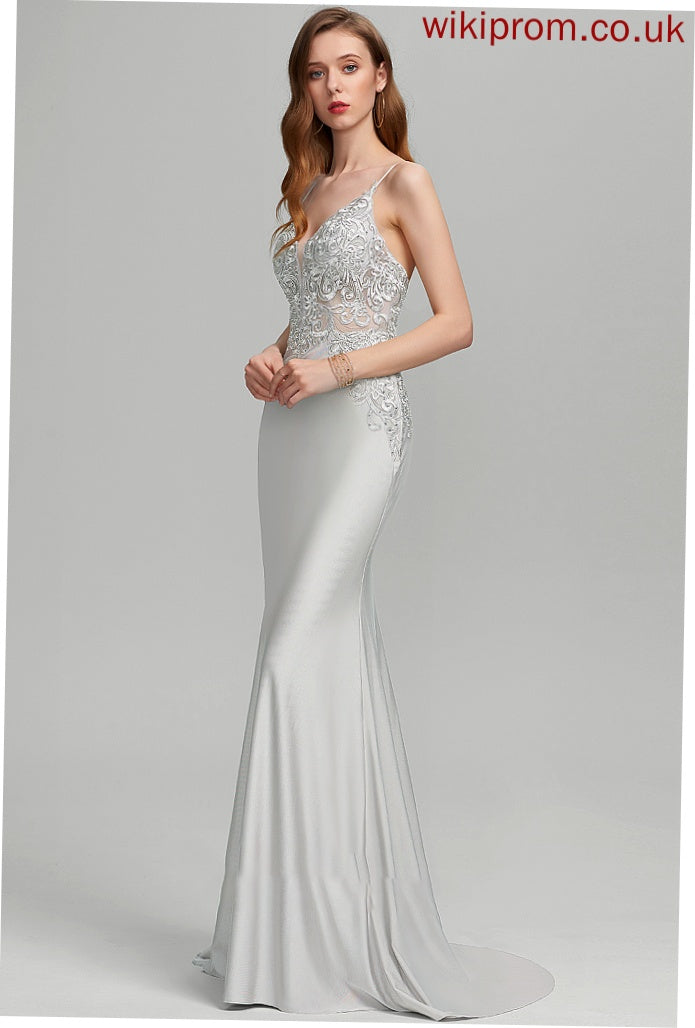 Dayami V-neck Jersey Prom Dresses Train Sequins Sweep With Trumpet/Mermaid