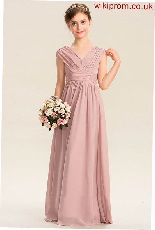 Junior Bridesmaid Dresses Floor-Length Chiffon With Bow(s) A-Line Mavis Ruffle V-neck