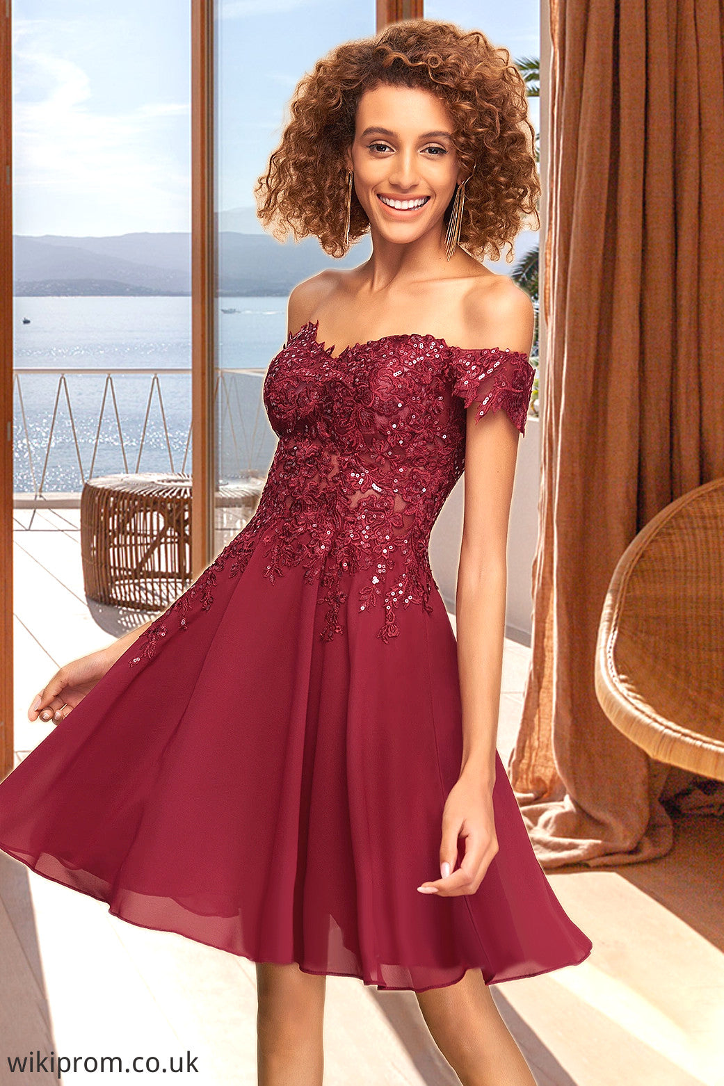 Sidney A-line Off the Shoulder Short/Mini Chiffon Lace Homecoming Dress With Sequins SWKP0020528