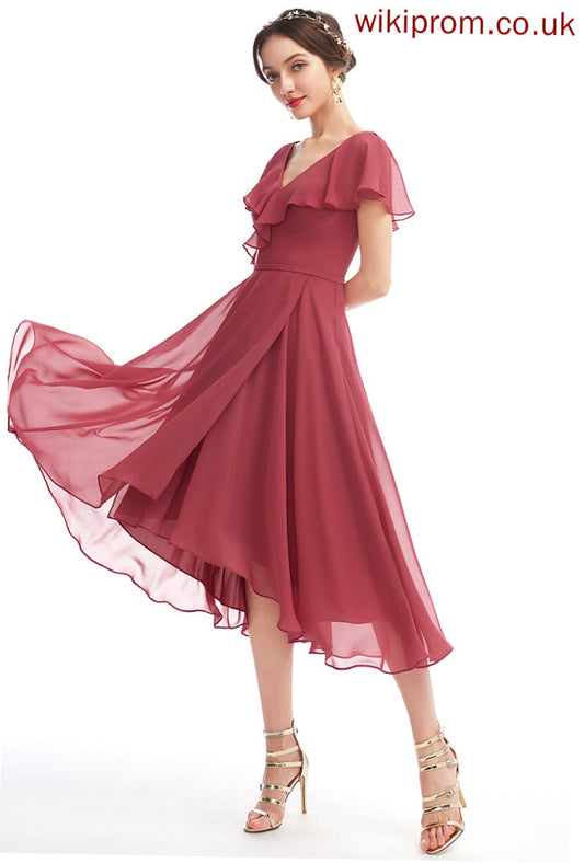 A-Line Prudence Ruffle Asymmetrical Cocktail Chiffon V-neck Dress With Cocktail Dresses