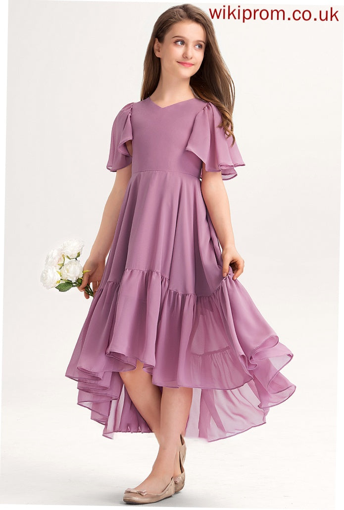 Asymmetrical Chiffon V-neck Ruffles Diamond With Cascading A-Line Junior Bridesmaid Dresses