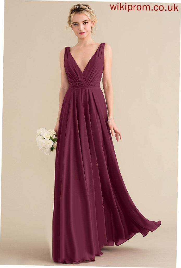 Chiffon A-Line Emelia Pleated Floor-Length Prom Dresses V-neck With