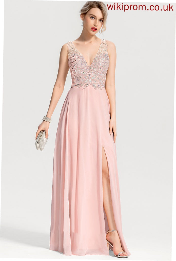 Beading Chiffon Floor-Length A-Line With Mabel Prom Dresses V-neck Sequins