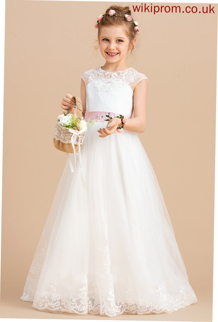 (Petticoat Sash/Beading/Appliques/Bow(s) Dress Tulle/Lace - With Flower Girl Dresses Tamia Neck Girl included) Flower Floor-length NOT Scoop Ball-Gown/Princess Sleeveless