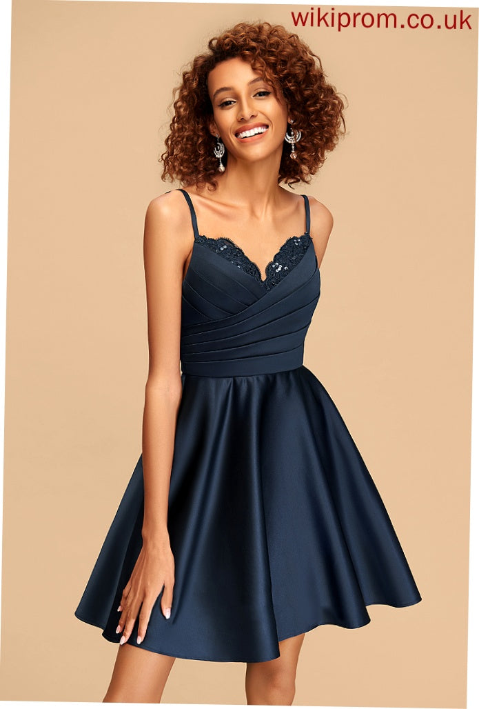 V-neck Homecoming With Short/Mini Homecoming Dresses A-Line Ruffle Satin Dress Kailyn Sequins Beading