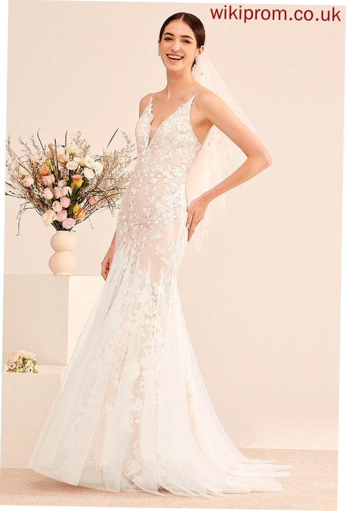 With Tulle Johanna Train Dress V-neck Trumpet/Mermaid Wedding Wedding Dresses Lace Court Lace