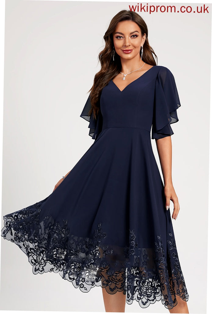 Cocktail Sequins V-neck Sadie Dress Tea-Length Lace Lace A-Line Sequined With Cocktail Dresses