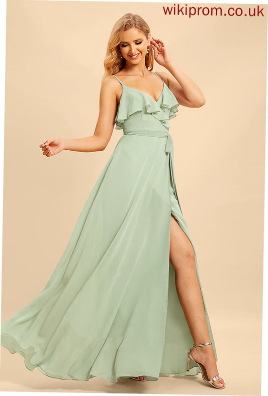 V-neck Neckline A-Line Floor-Length Fabric Silhouette SplitFront Ruffle Embellishment Length Rebekah Sleeveless Bridesmaid Dresses