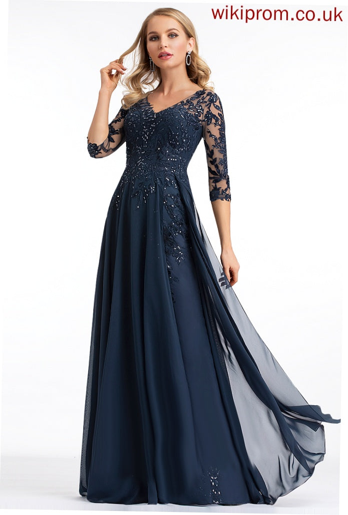 With Lace Sequins Prom Dresses Floor-Length A-Line Litzy V-neck Chiffon