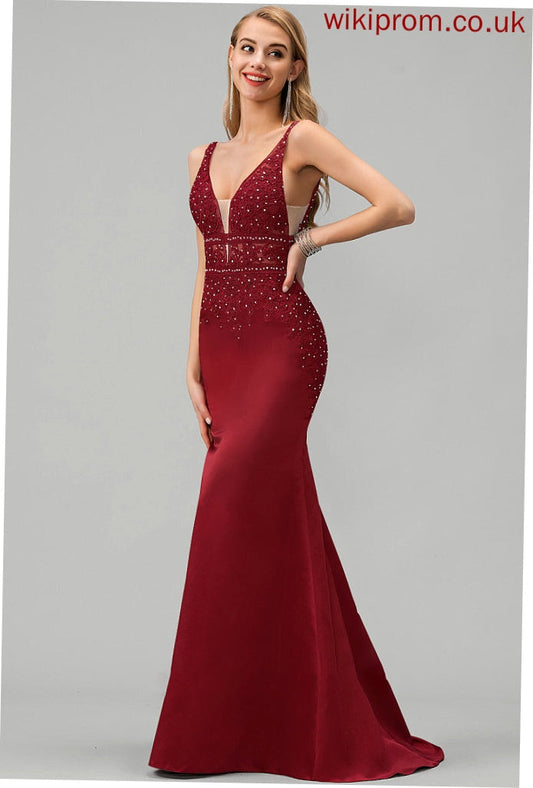 Sequins Prom Dresses V-neck With Lace Satin Train Alyson Trumpet/Mermaid Beading Sweep