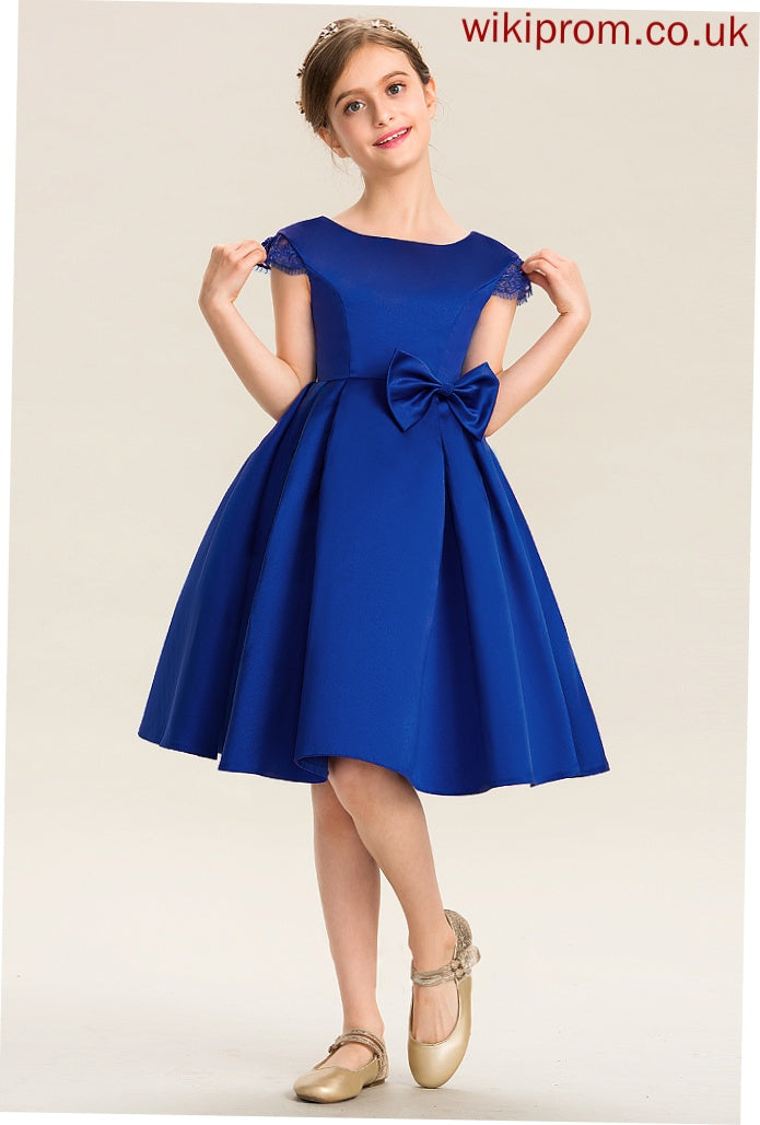 Scoop Satin A-Line Bow(s) Lace Knee-Length Neck Lynn Junior Bridesmaid Dresses With