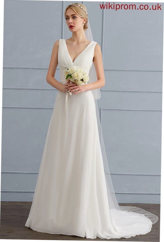 Dress Lace A-Line Wedding Danica Wedding Dresses Train Ruffle V-neck Sweep With Chiffon