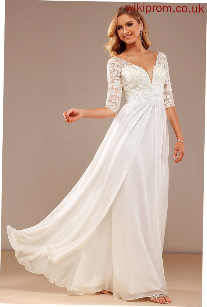 Wedding Floor-Length V-neck Wedding Dresses Chiffon Lace With Lace Sequins A-Line Dress Carmen Ruffle