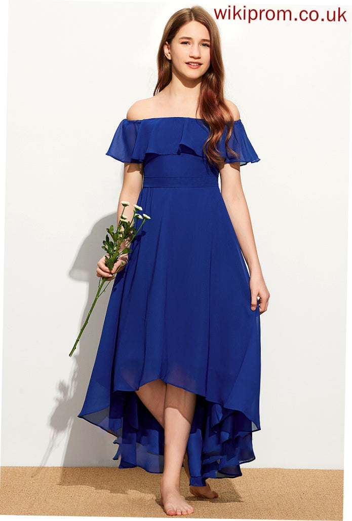 Off-the-Shoulder Cailyn With Asymmetrical Junior Bridesmaid Dresses Chiffon A-Line Cascading Ruffles