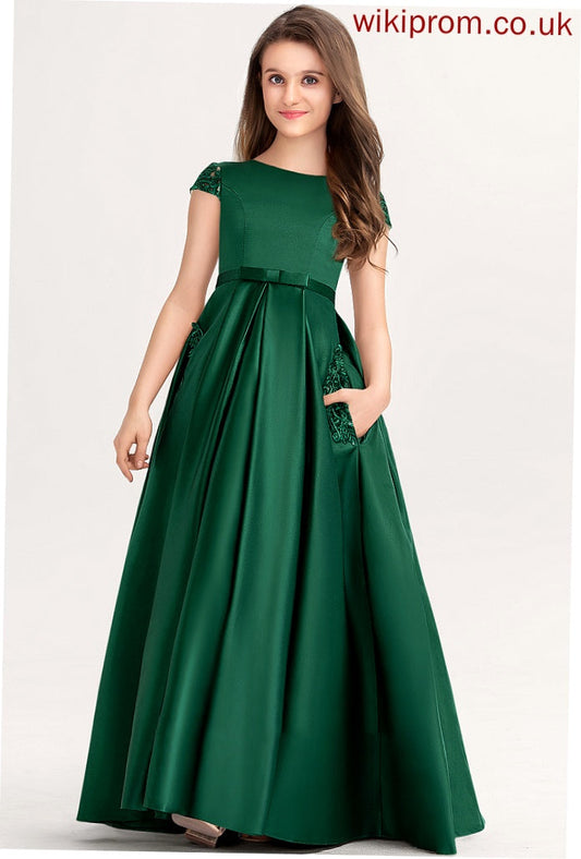 Lace Ball-Gown/Princess Neck Bow(s) Satin Floor-Length Pockets With Junior Bridesmaid Dresses Sophia Scoop