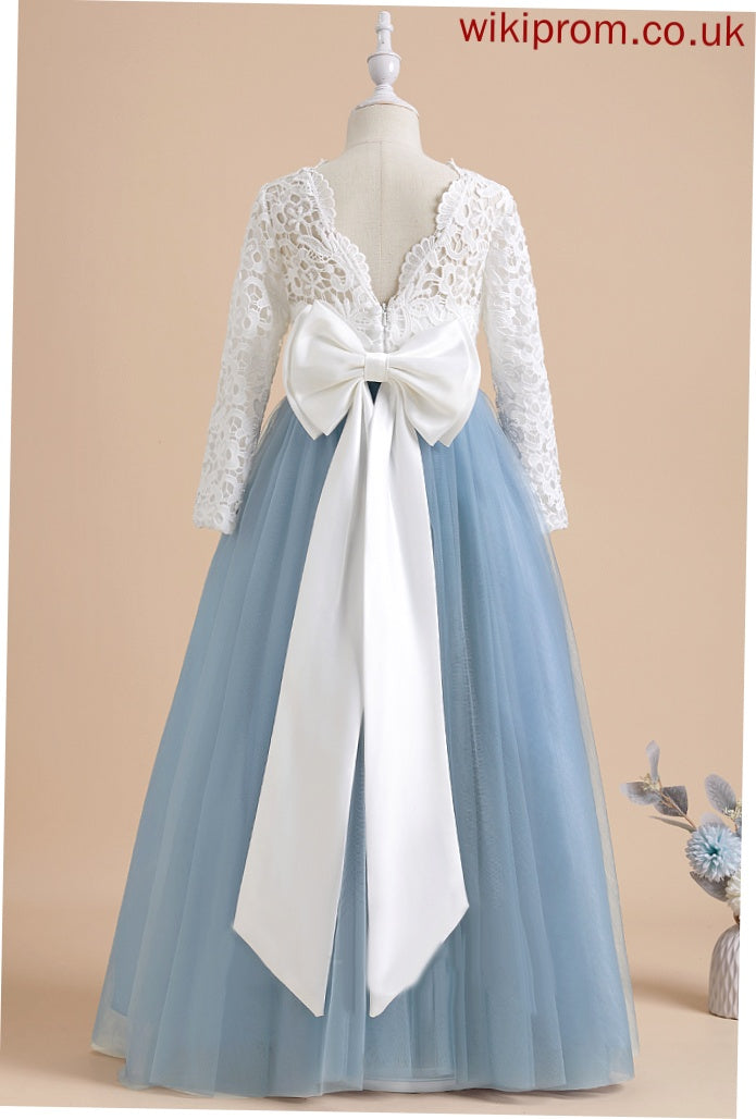 Tulle/Lace Bow(s)/V Floor-length Girl - Ball-Gown/Princess Flower Neck Flower Girl Dresses With Sleeves Back Scoop Long Dress Hannah