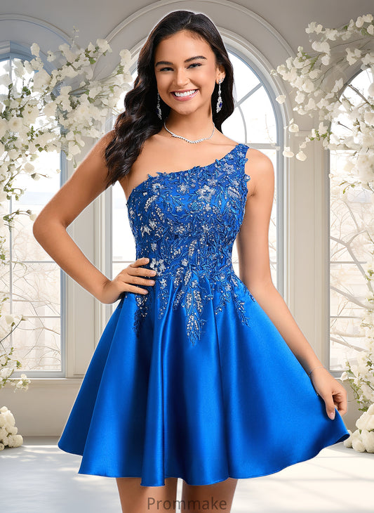 Tamara A-line One Shoulder Short Satin Homecoming Dress With Appliques Lace Sequins DUP0025657