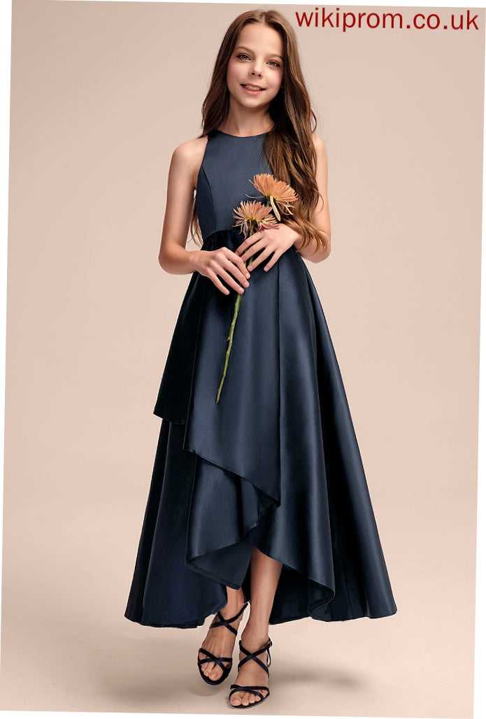 Neck Cascading A-Line Junior Bridesmaid Dresses Ruffles Satin With Asymmetrical Scoop Marina