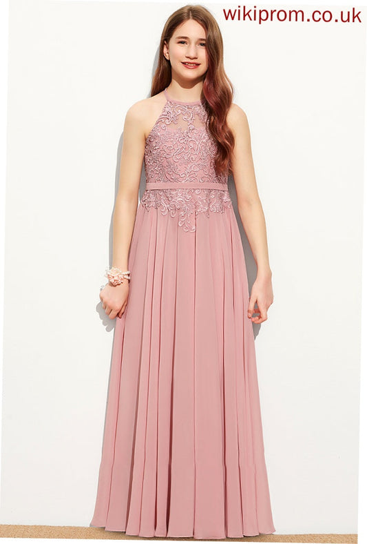 A-Line Lace Junior Bridesmaid Dresses Marisa Floor-Length Chiffon Neck Scoop