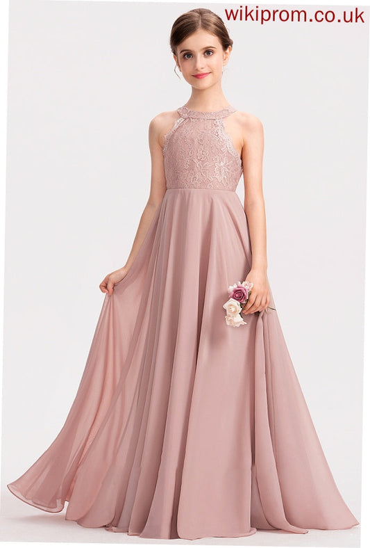 A-Line Lace Junior Bridesmaid Dresses Jaida Neck Chiffon Floor-Length Scoop