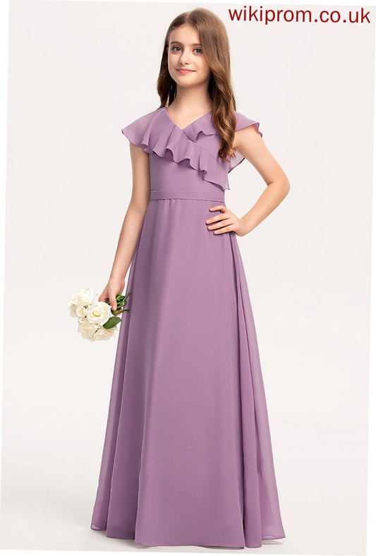 Junior Bridesmaid Dresses Cascading With V-neck Ruffles Chiffon A-Line Floor-Length Megan Bow(s)