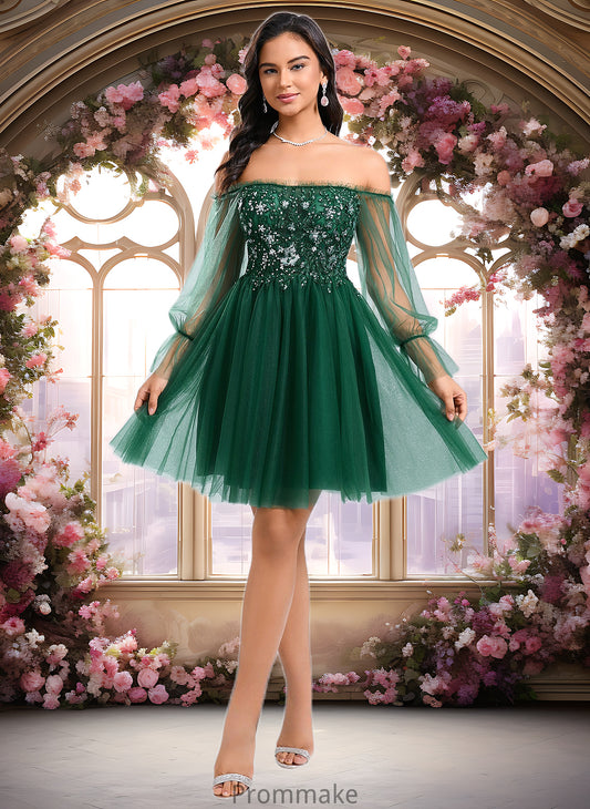 Akira A-line Off the Shoulder Short Tulle Homecoming Dress With Sequins Appliques Lace DUP0025663