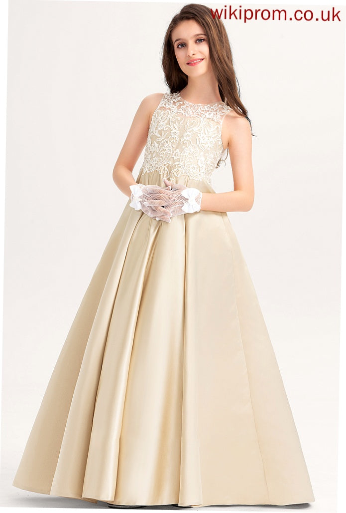 Lace Scoop Neck Satin Adeline Floor-Length Ball-Gown/Princess Junior Bridesmaid Dresses