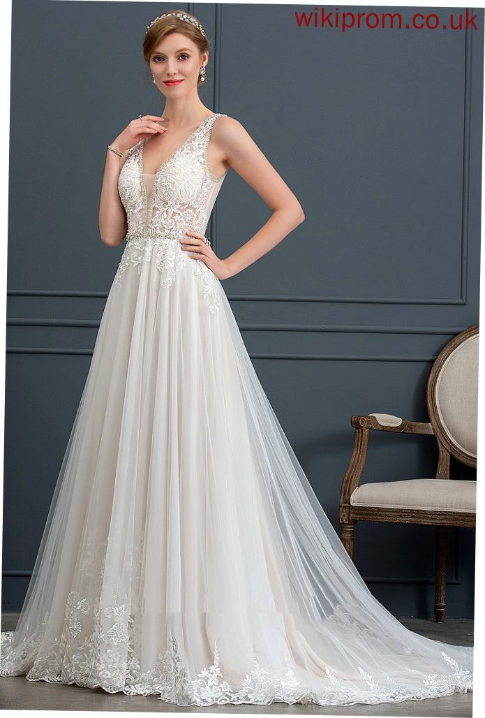 V-neck Court Sequins Dress With Wedding Wedding Dresses Tulle Beading Nora Train Lace Ball-Gown/Princess