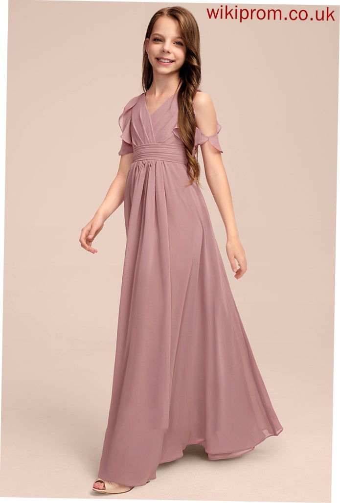 Ruffles Chiffon Floor-Length Junior Bridesmaid Dresses Kelly Cascading With V-neck A-Line