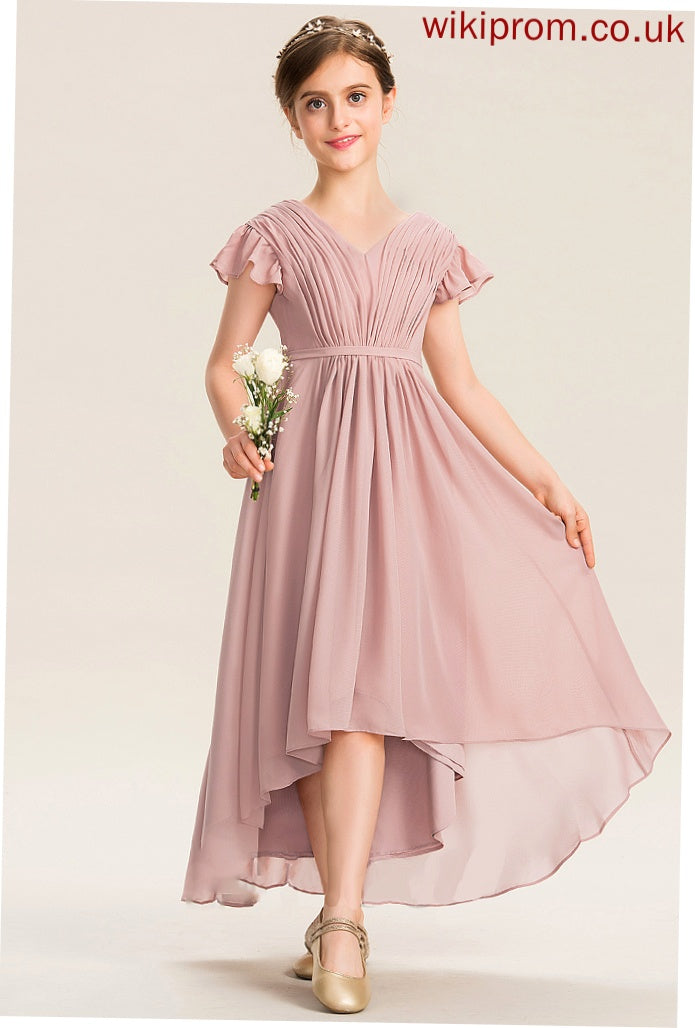 Asymmetrical Ruffles Bow(s) With Junior Bridesmaid Dresses Regina V-neck Cascading Chiffon A-Line