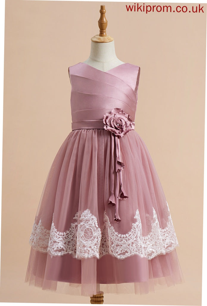 Sleeveless Lace/Flower(s)/Bow(s)/Pleated/V Flower A-Line Girl With Abigail Satin/Tulle Knee-length - Back Flower Girl Dresses V-neck Dress