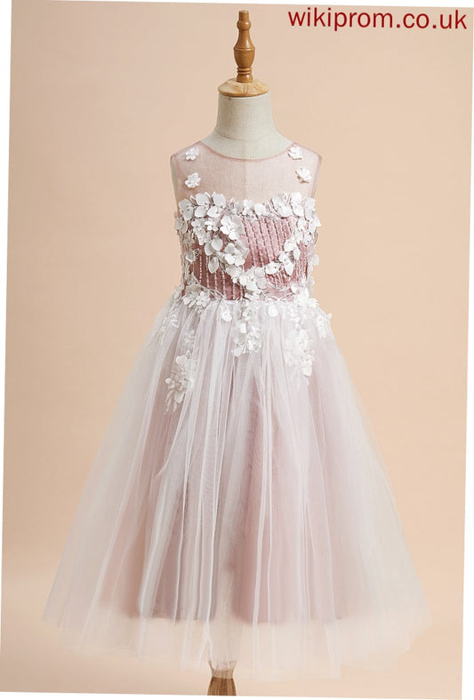 Girl Flower Girl Dresses - Lace/Beading/Flower(s) Dress Neck Tulle Scoop Tea-length A-Line Flower Sleeveless Mya With