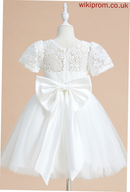 With Flower Girl Dresses Sleeves Flower Knee-length Girl - Neck A-Line Tulle/Lace Dress Short Bow(s) Mckenzie Scoop