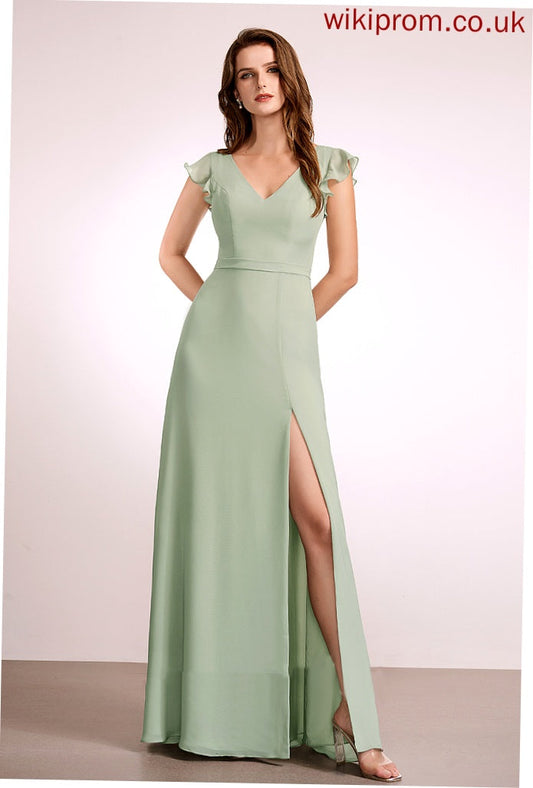 Embellishment V-neck Length SplitFront A-Line Floor-Length Silhouette Neckline Fabric Ariella Cap Sleeves Natural Waist Bridesmaid Dresses